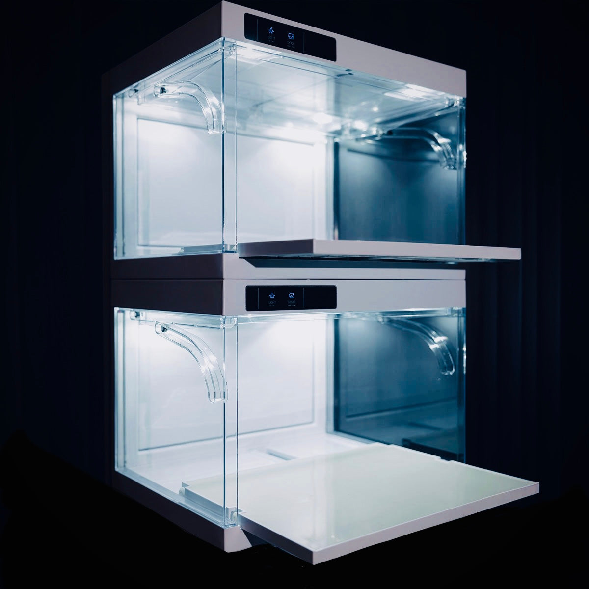 A high resolution photo of two kicklocker sneaker display cases shot under studio light. To find out more visit kicklocker.co.uk